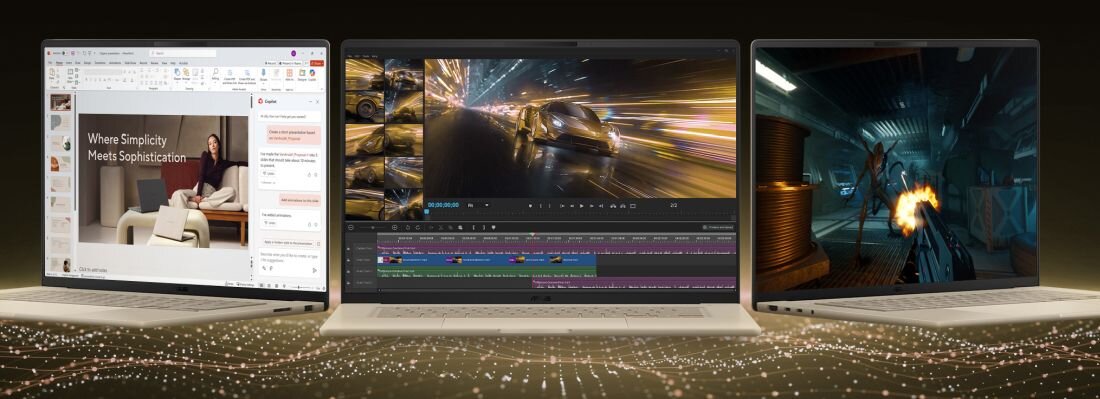 Laptopy ASUS Zenbook A16 UX3607QA-SH039W z procesorem Snapdragon prezentują pracę biurową i rozrywkę na ciemnym tle - WYDAJNOŚĆ I GRAFIKA