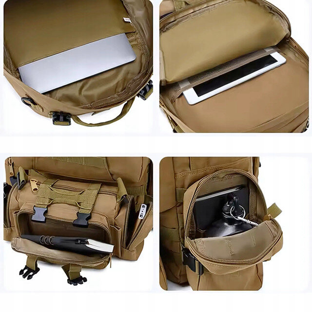Cztery zdjęcia przedstawiające różne kieszenie plecaka w kolorze brązowym, z widocznymi przedmiotami takimi jak laptop, tablet, książka i butelka. Plecak posiada zamki błyskawiczne i klamry do zamykania.