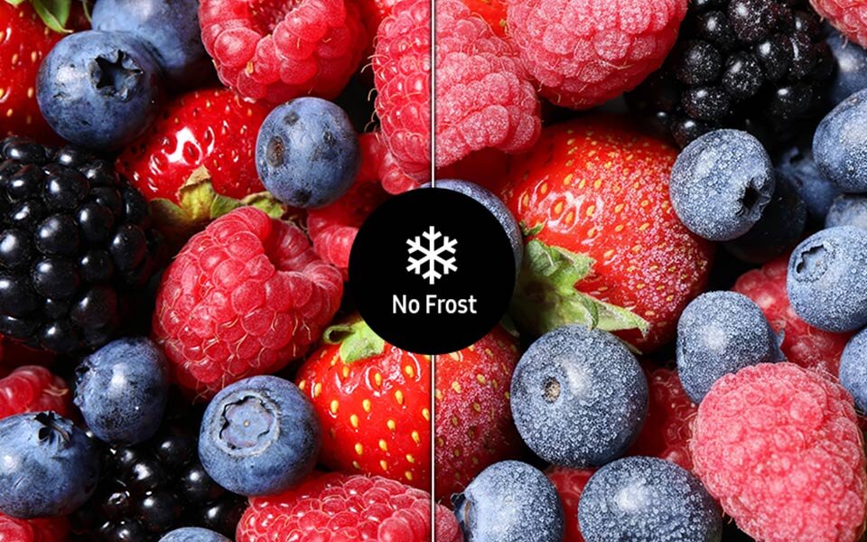 Bez szronu i lodu Obraz przedstawia różne owoce, takie jak maliny, truskawki, jagody i jeżyny, z centralnie umieszczonym symbolem płatka śniegu i napisem \'No Frost\'.