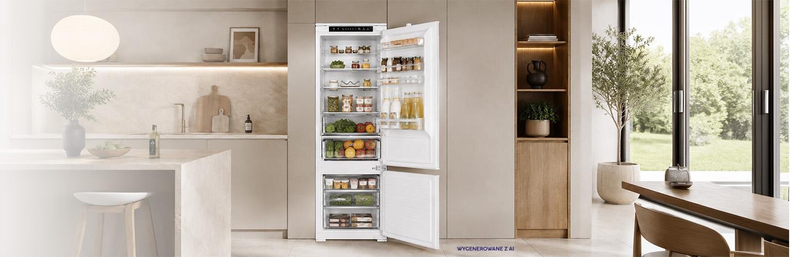 Wnętrze nowoczesnej kuchni z otwartą lodówką wypełnioną różnorodnymi produktami spożywczymi. Na dole obrazu widoczny jest napis \'WYCIĘTO NA RZECZ\'.