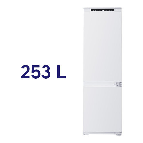 Biała lodówka z dwoma drzwiami, obok której widnieje napis \'253 L\'.