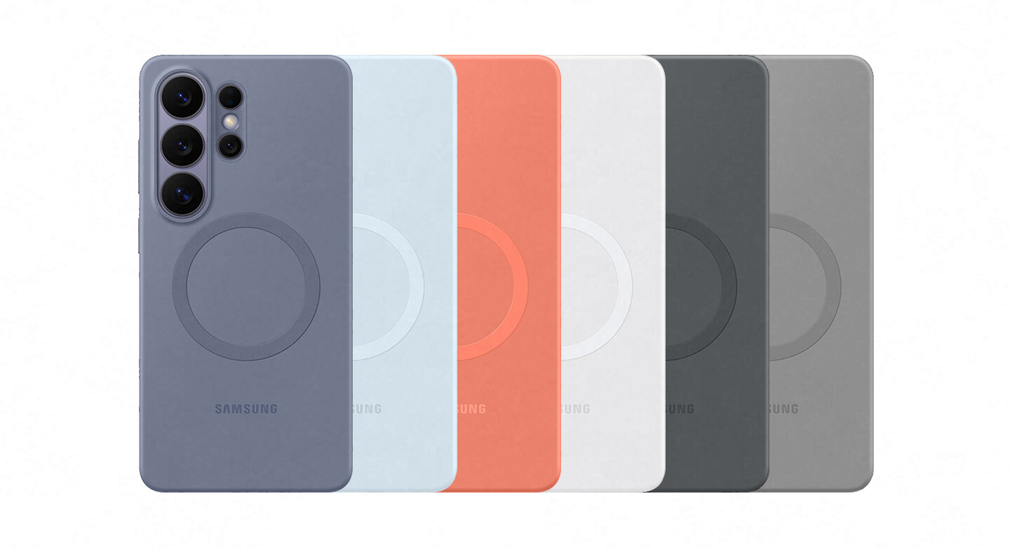 Sześć urządzeń Galaxy S26 z założonymi etui Silicone Magnet Case w różnych kolorach Na obrazie widoczne są etui na telefon w różnych kolorach: niebieskim, jasnoniebieskim, pomarańczowym, białym, ciemnoszarym i szarym. Na każdym etui znajduje się logo \'SAMSUNG\' oraz okrągły wzór.