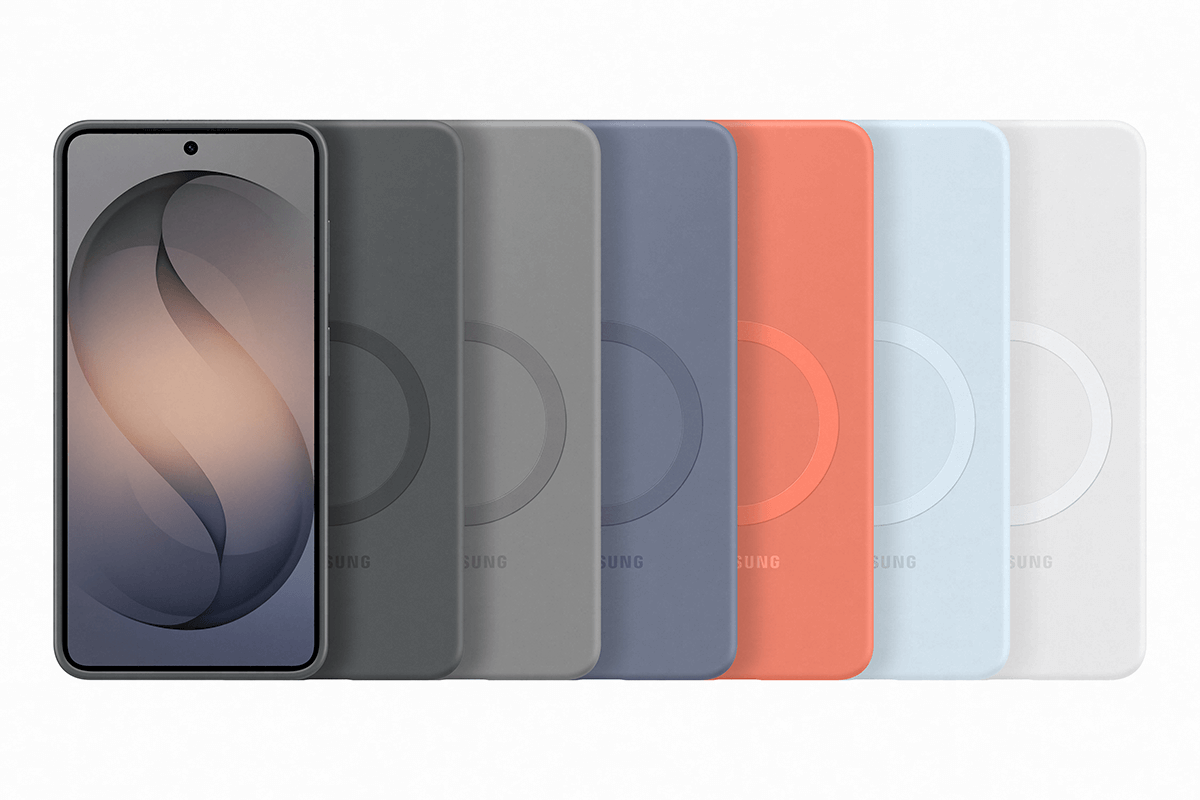 Sześć urządzeń Galaxy S26 z założonymi etui Silicone Magnet Case Na obrazie widoczne są etui na telefon w różnych kolorach, ułożone jedno obok drugiego. Na każdym etui znajduje się logo \'SAMSUNG\'.