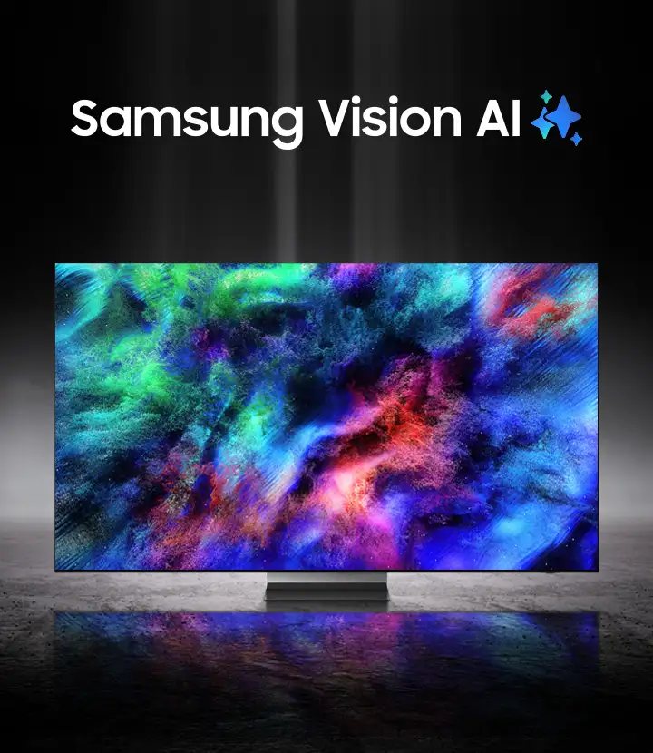 2026-micro-rgb-kv-mo 720x830 Telewizor wyświetla kolorowy, abstrakcyjny obraz pełen intensywnych barw. Nad ekranem widoczny jest napis \'Samsung Vision AI\' z ikoną błyszczącej gwiazdy.