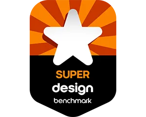 emblemat benchmark superdesign 300x240 Obraz przedstawia białą gwiazdę na tle pomarańczowych promieni. Pod gwiazdą znajduje się tekst: \'SUPER design benchmark\'.