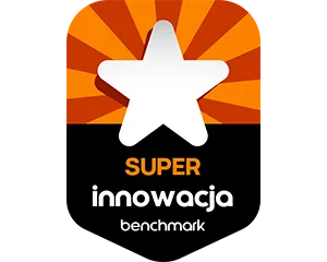 emblemat benchmark superinnowacja 300x240 Grafika przedstawia białą gwiazdę na tle pomarańczowych promieni. Pod gwiazdą znajduje się tekst: \'SUPER innowacja benchmark\'.