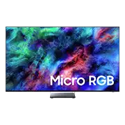 Telewizor z kolorowym, abstrakcyjnym wzorem na ekranie i napisem \'Micro RGB\'.