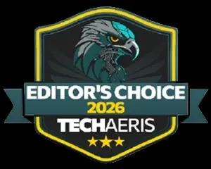 Odznaka z wizerunkiem orła i napisem \'EDITOR\'S CHOICE 2026 TECHAERIS\' oraz trzema gwiazdkami na dole.