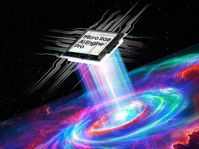 2026-micro-rgb-micro-rgb-ai-engine-pro-1 664x498 Obraz przedstawia chip z napisem \'Micro RGB AI Engine Pro\', z którego wychodzą kolorowe promienie światła w kierunku wirującej, kolorowej galaktyki.