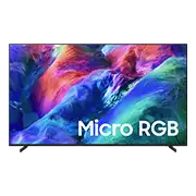 Telewizor z kolorowym, abstrakcyjnym tłem na ekranie i napisem \'Micro RGB\'.