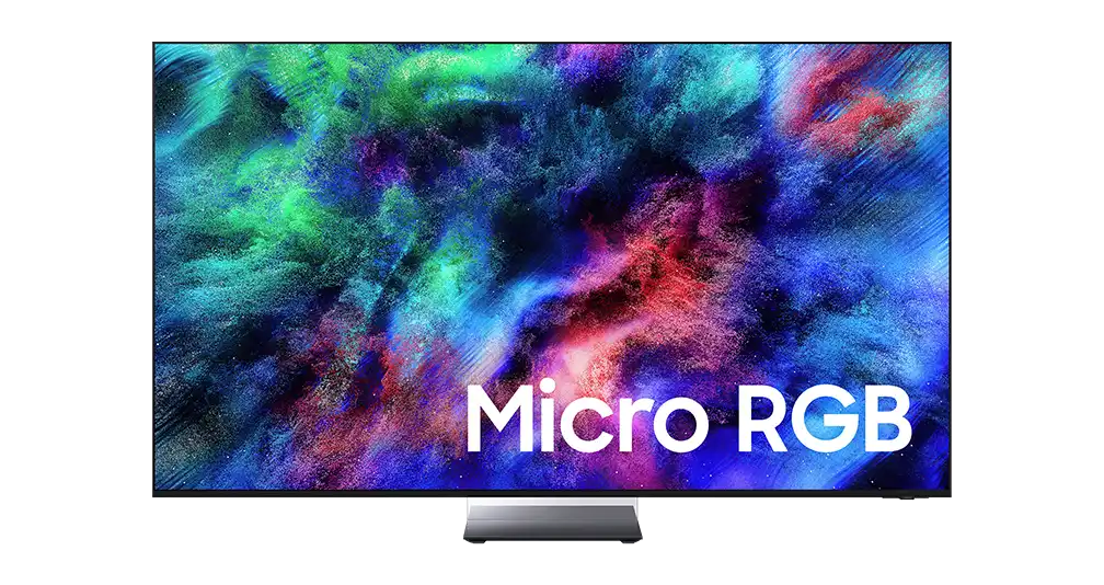 mrn75r95hafxza 001 front black 1008x534 Telewizor z wyświetlaczem prezentującym kolorowy, abstrakcyjny wzór z dominacją zieleni, niebieskiego i czerwieni. Na ekranie widoczny jest napis \'Micro RGB\'.