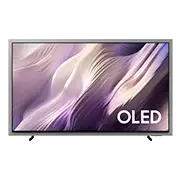 Telewizor z wyświetlaczem OLED pokazujący abstrakcyjny wzór w odcieniach fioletu i beżu. Na ekranie widoczny jest napis \'OLED\'.