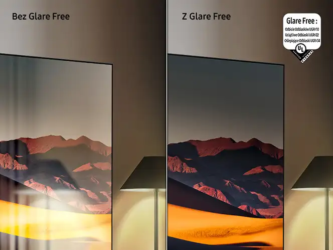 2026-micro-rgb-glare-free 664x498 Obraz przedstawia porównanie dwóch ekranów telewizora z napisami \'Bez Glare Free\' i \'Z Glare Free\'. Po lewej stronie ekran odbija światło lampy, a po prawej jest bez odbić, z certyfikatem \'Glare Free\'.