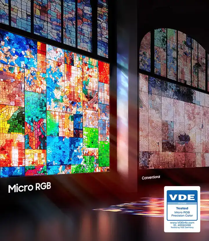2026-micro-rgb-micro-rgb-precision-color-100-mo 720x830 Obraz przedstawia dwa ekrany z kolorowymi mozaikami, z czego lewy jest bardziej nasycony i opisany jako \'Micro RGB\', a prawy jako \'Conventional\'. W prawym dolnym rogu znajduje się logo \'VDE\' z tekstem \'Tested Micro RGB Precision Color\'.