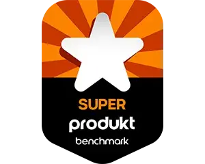 emblemat benchmark superprodukt 300x240 Obraz przedstawia odznakę z białą gwiazdą na tle pomarańczowych promieni. Pod gwiazdą znajduje się napis \'SUPER produkt benchmark\'.