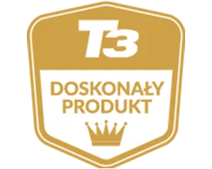 t3-doskonaly 300x240 Złoty emblemat z napisem \'T3 DOSKONAŁY PRODUKT\' oraz koroną poniżej tekstu.