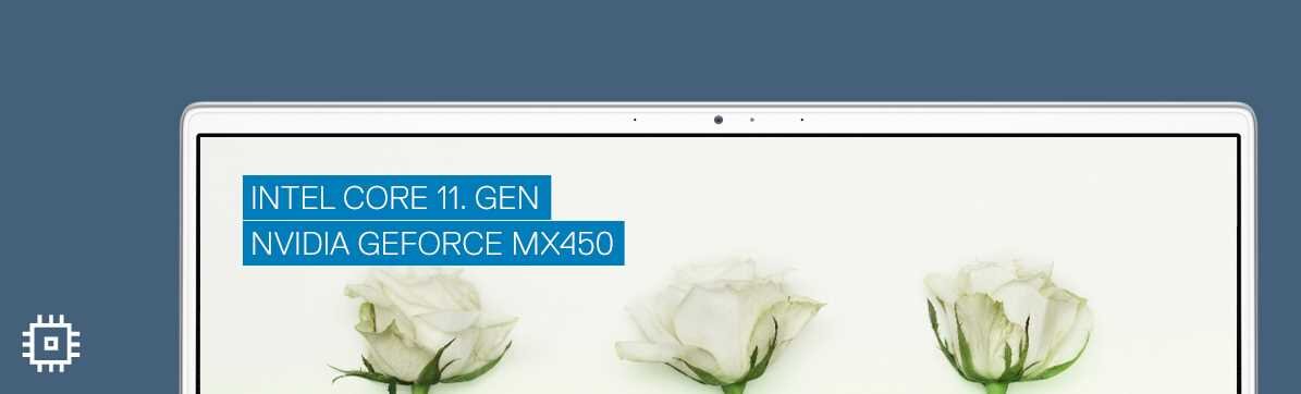 Na obrazie widoczny jest fragment ekranu laptopa z trzema białymi różami na jasnym tle. Na ekranie znajduje się tekst: \'INTEL CORE 11. GEN NVIDIA GEFORCE MX450\'.