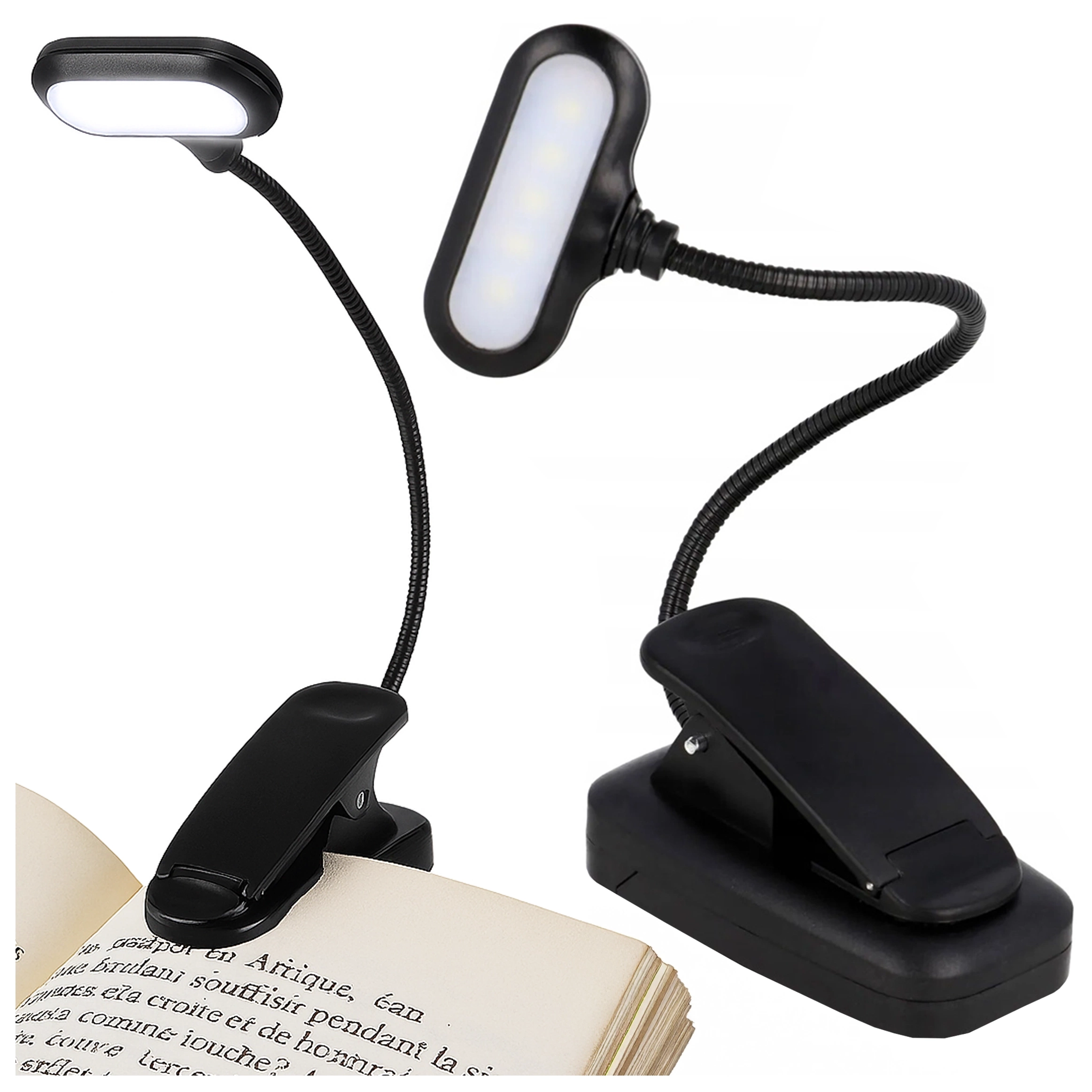 Czarna lampa biurkowa LED z klipsem, posiada elastyczne ramię i prostokątną głowicę świetlną. Lampa jest przymocowana do otwartej książki, a jej światło oświetla strony.