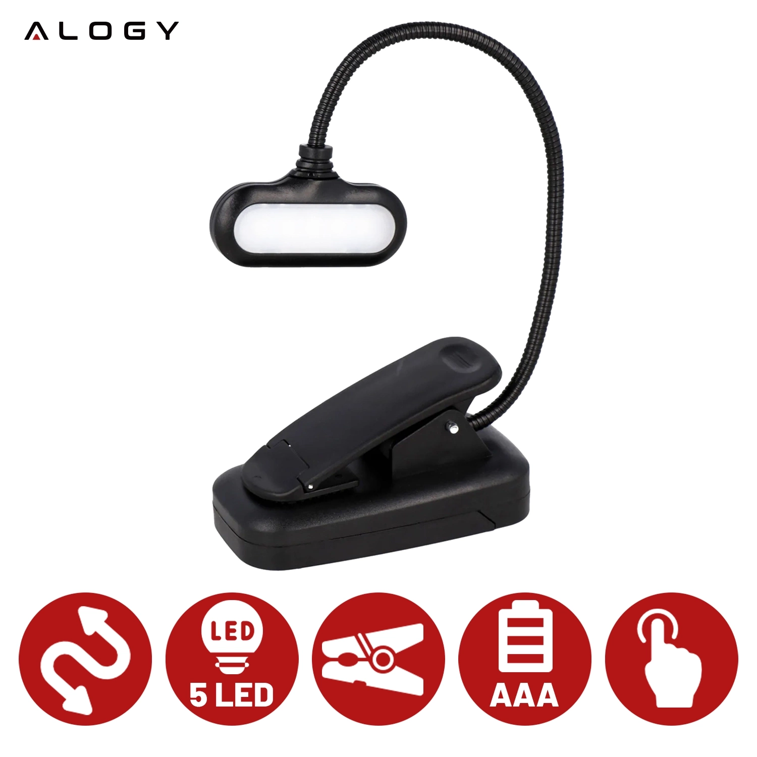 Czarna lampa biurkowa LED z klipsem i elastycznym ramieniem, z logo \'ALOGY\' na górze. Na dole widoczne są ikony przedstawiające funkcje: elastyczne ramię, 5 diod LED, klips, zasilanie AAA, dotykowe sterowanie.