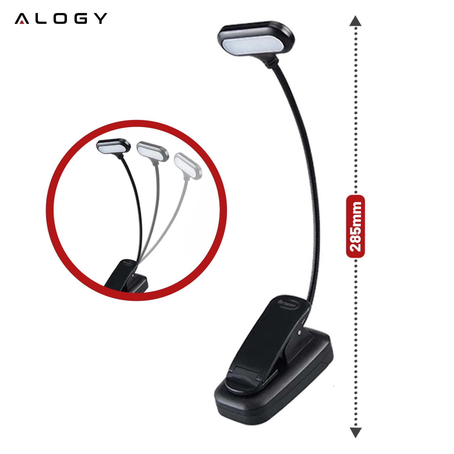 Czarna lampa biurkowa LED z klipsem, o wysokości 285 mm, z elastycznym ramieniem i prostokątną głowicą. Logo \'ALOGY\' widoczne w lewym górnym rogu obrazu.