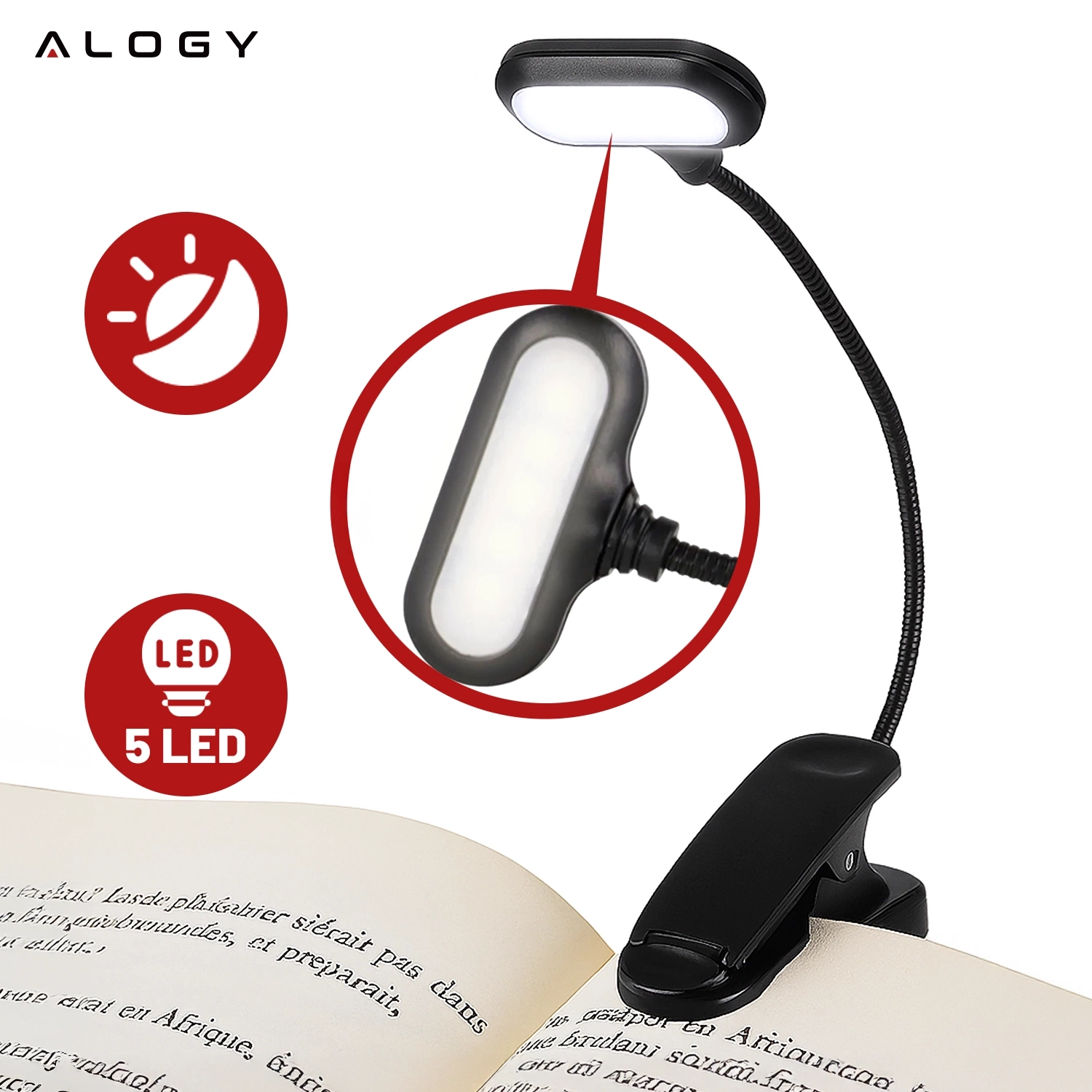 Czarna lampa biurkowa LED z klipsem, o elastycznym ramieniu, oświetla otwartą książkę. Widoczne są symbole: żarówka z napisem \'LED 5 LED\' oraz logo \'ALOGY\'.