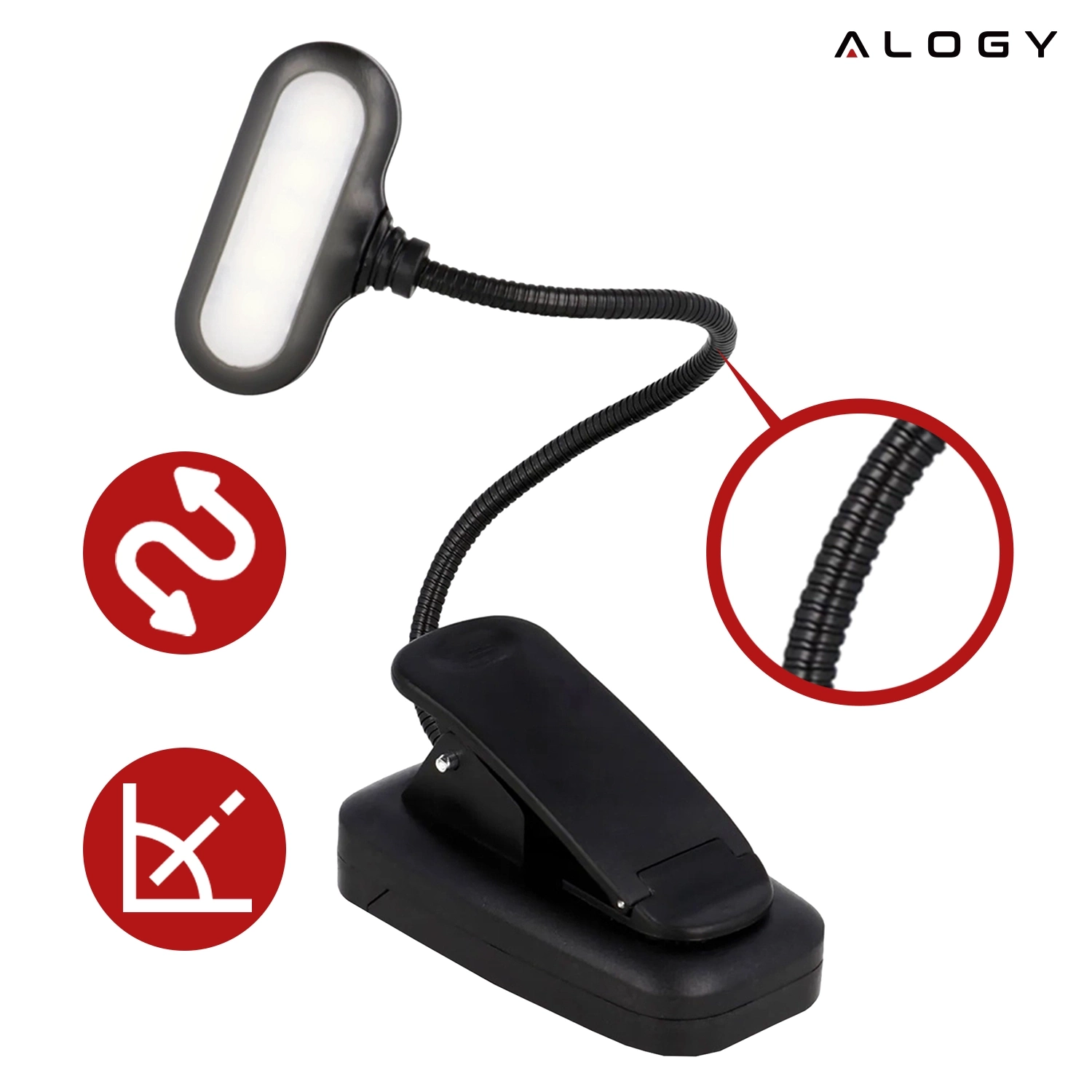 Czarna lampa biurkowa LED z klipsem, elastycznym ramieniem i podłużnym źródłem światła. Widoczne logo: ALOGY oraz dwa czerwone symbole wskazujące na elastyczność i regulację kąta.