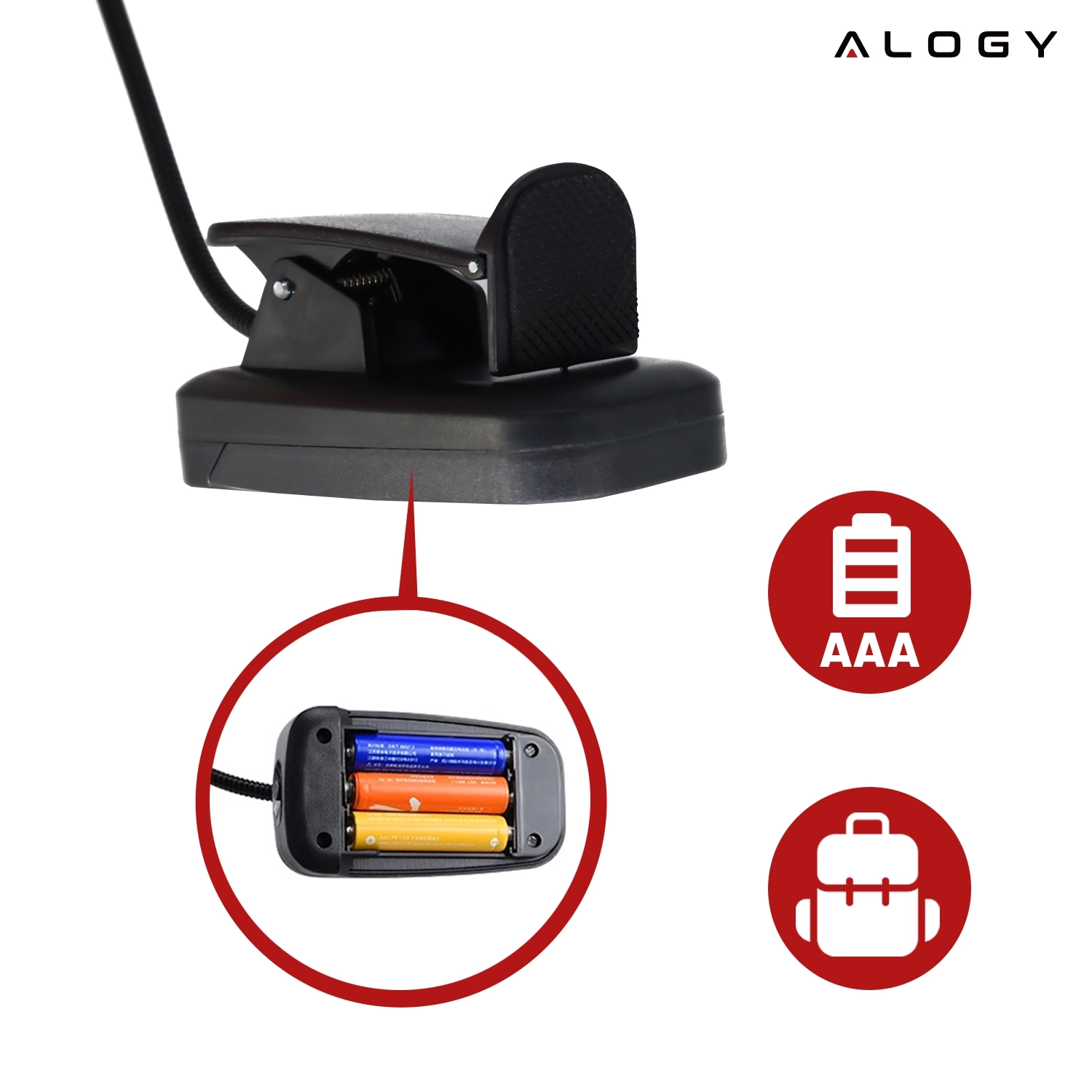 Czarna lampa biurkowa LED z klipsem, zasilana trzema bateriami AAA. Obok widoczne są ikony baterii i plecaka oraz logo \'ALOGY\'.