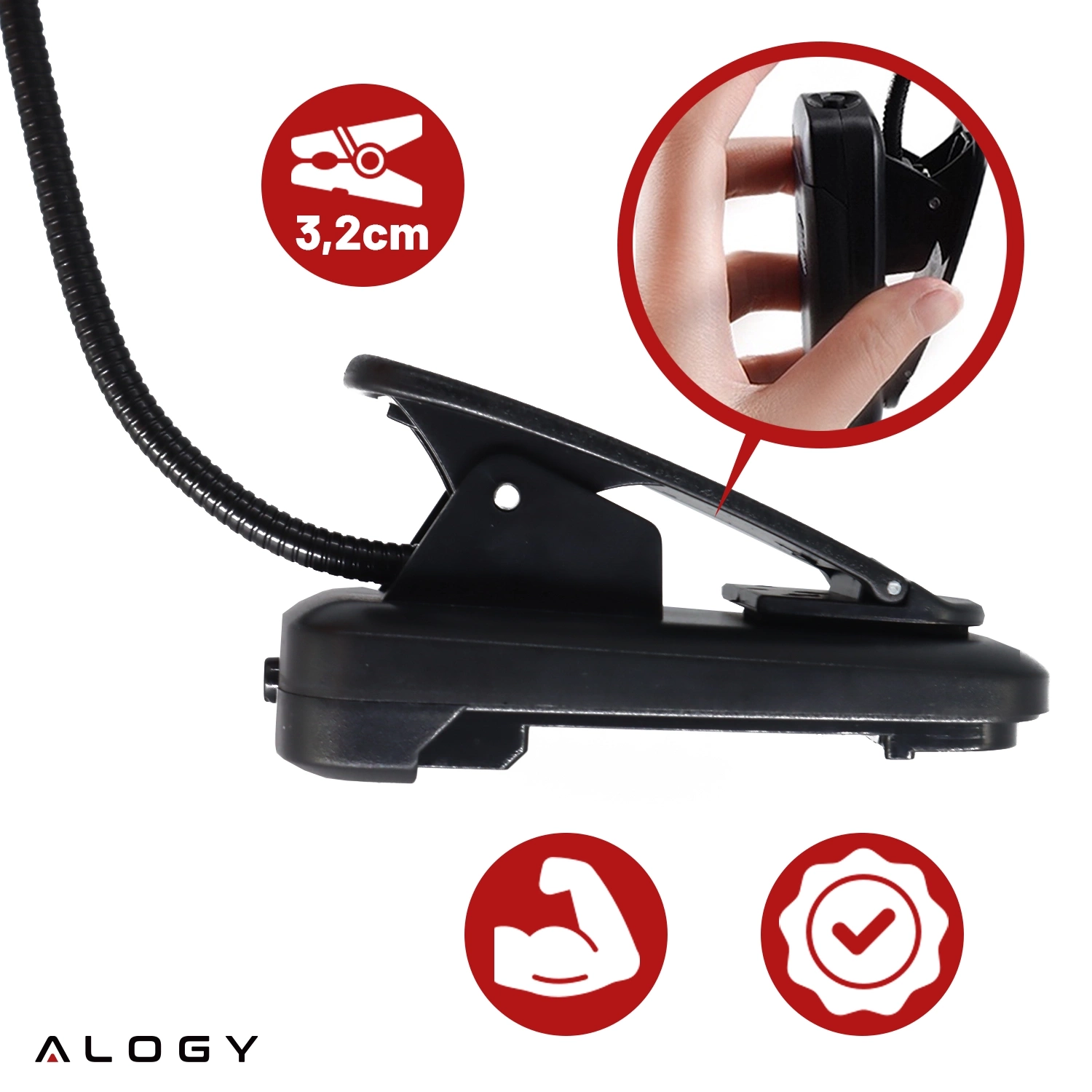 Obraz przedstawia czarny klips lampy biurkowej LED z elastycznym ramieniem. Widoczne są ikony z symbolami: klips z napisem \'3,2 cm\', zgięte ramię oraz znak jakości, a w lewym dolnym rogu logo \'ALOGY\'.