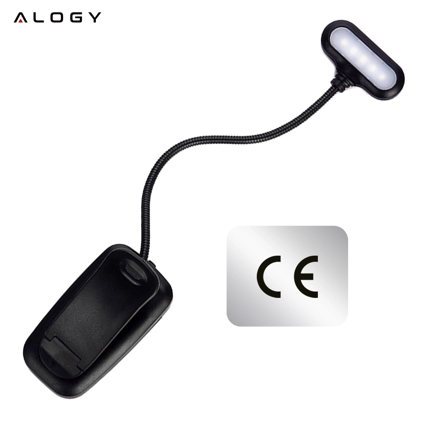 Czarna lampa biurkowa LED z klipsem i elastycznym ramieniem, obok której znajduje się symbol CE. Logo \'ALOGY\' widoczne w lewym górnym rogu.