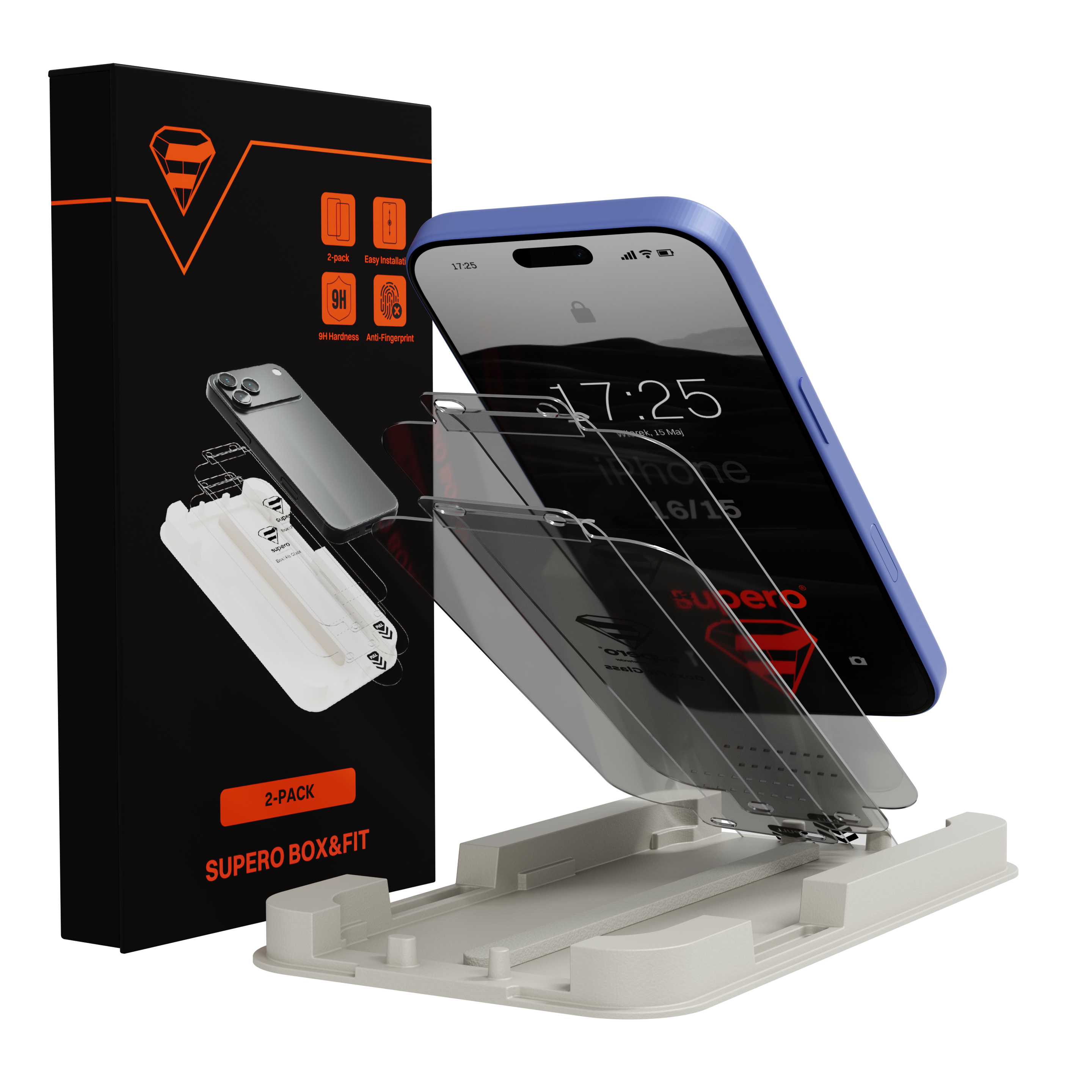 Obraz przedstawia opakowanie szkła hartowanego do telefonu z napisem \'2-PACK SUPERP BOX&FIT\' oraz telefon z nałożonym szkłem ochronnym. Widoczny jest również aplikator do montażu szkła.