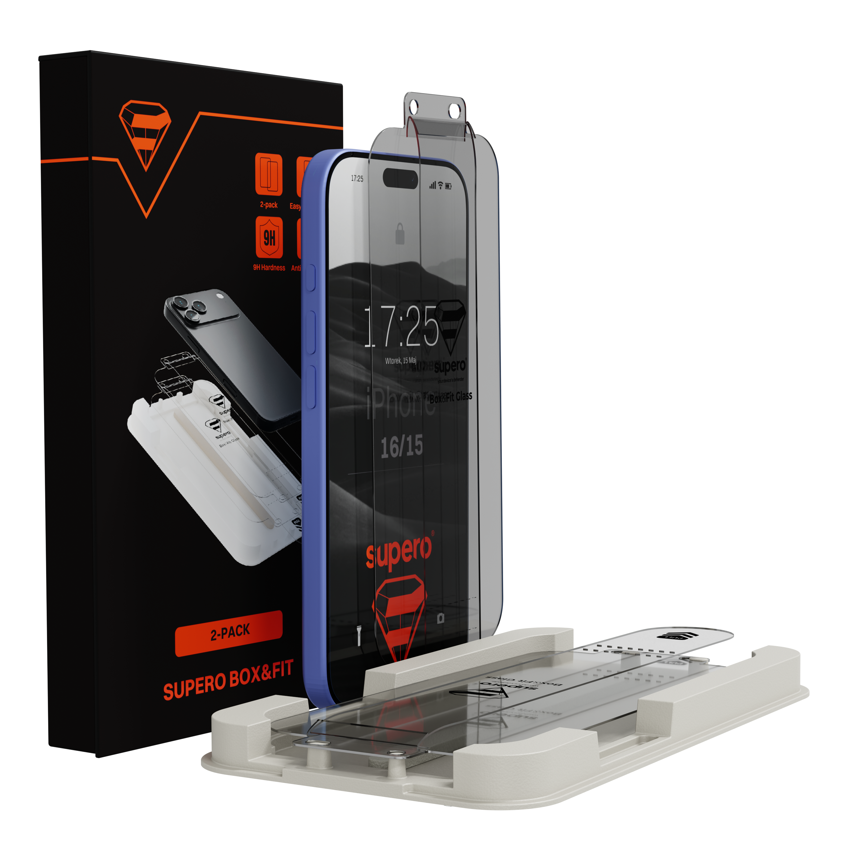 Na obrazie widoczny jest zestaw szkła hartowanego do iPhone 15/16 z aplikatorem, opakowanie z logo i napisem \'2-PACK SUPER0 BOX&FIT\'. Na ekranie telefonu widoczny jest tekst \'17:25, supero, iPhone 16/15\'.
