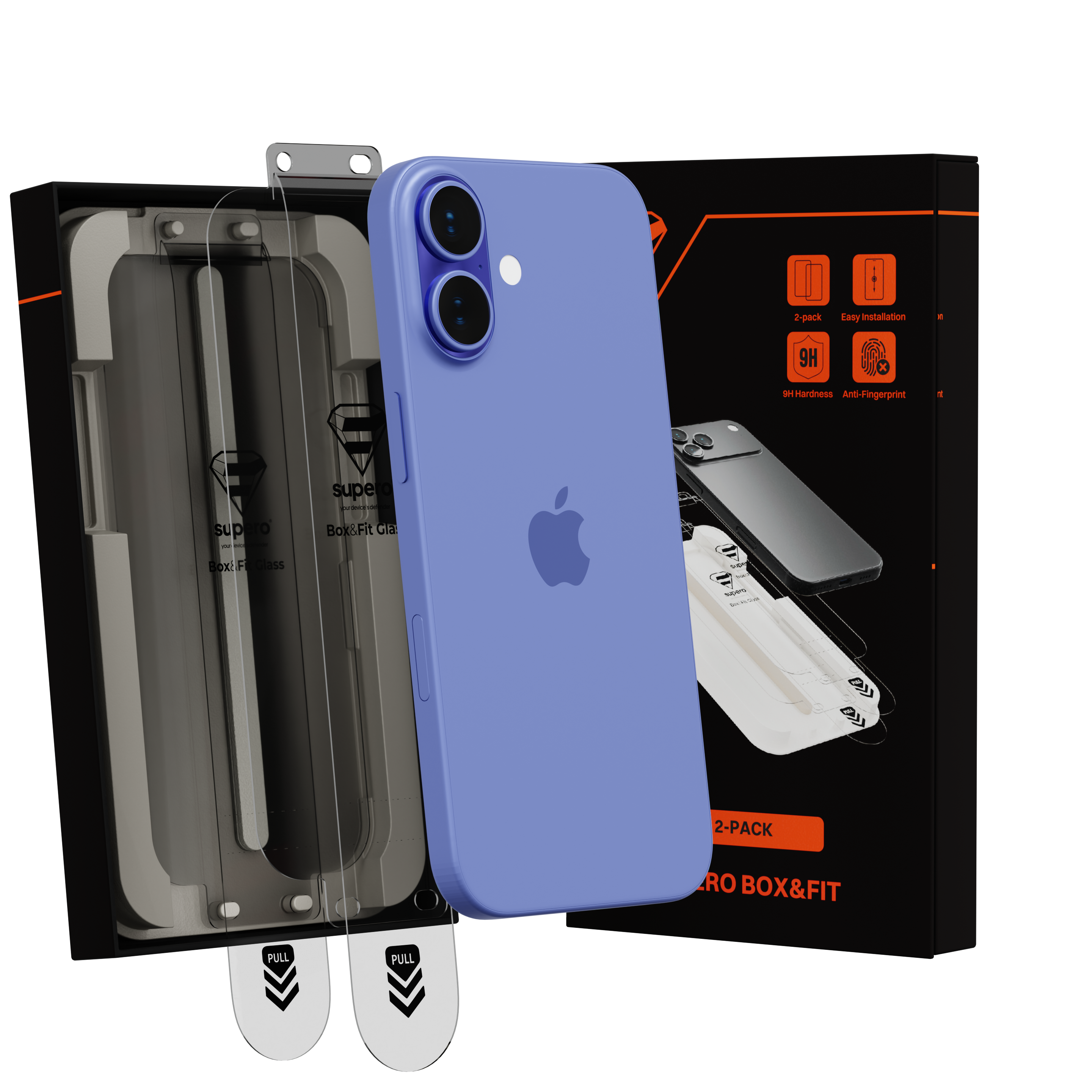 Na obrazie widoczny jest niebieski telefon z logo jabłka, obok którego znajduje się opakowanie z napisem \'superior Box:Fit Glass\'. Opakowanie zawiera informacje o produkcie, takie jak \'2-pack\', \'Easy Installation\', \'9H Hardness\', \'Anti-Fingerprint\'.