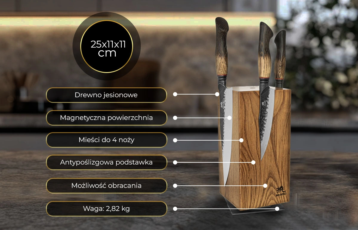 Na obrazie widoczny jest blok magnetyczny z drewna jesionowego z trzema nożami. Obok znajdują się informacje: \'25x11x11 cm\', \'Drewno jesionowe\', \'Magnetyczna powierzchnia\', \'Mieści do 4 noży\', \'Antypoślizgowa podstawka\', \'Możliwość obracania\', \'Waga: 2,82 kg\'.