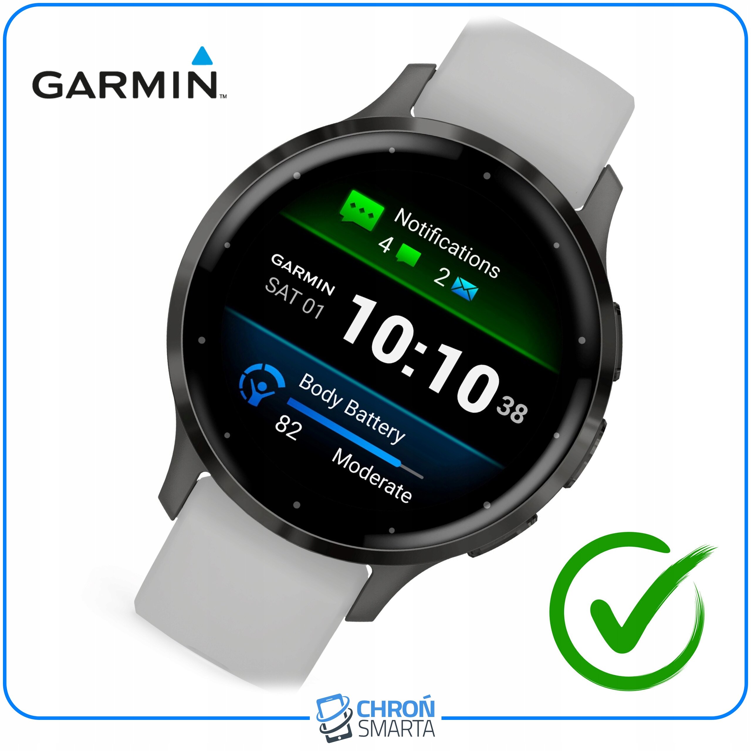 Zdjęcie smartwatcha z białym paskiem, na ekranie widoczne są powiadomienia oraz godzina 10:10. W lewym górnym rogu znajduje się logo \'GARMIN\', a na dole logo \'CHROŃ SMARTA\' z ikoną kłódki.