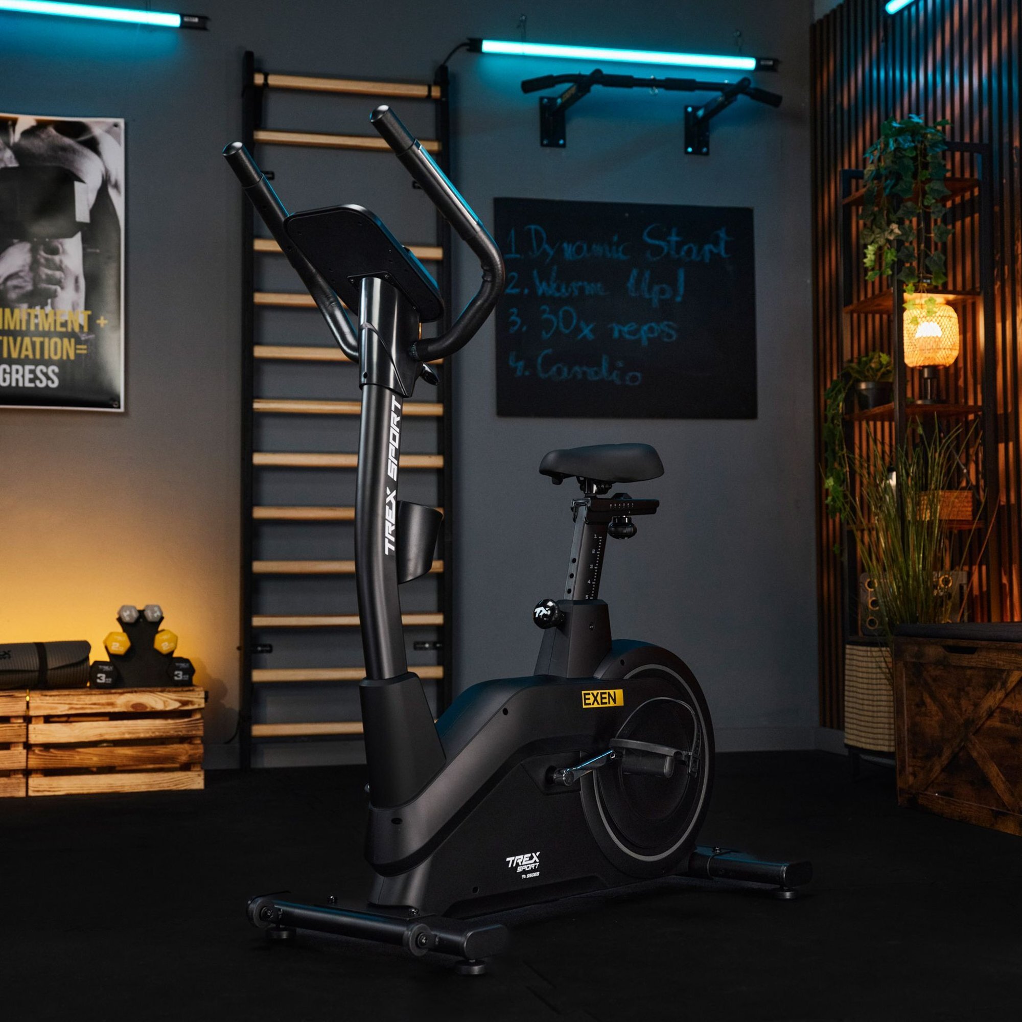 Czarny rower stacjonarny z logo EXEN i TREX SPORT stoi w pomieszczeniu z drabinką gimnastyczną i tablicą z napisami. W tle widoczne są hantle i dekoracje roślinne.
