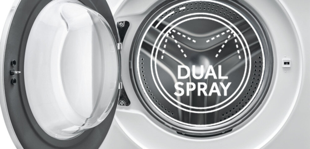 Otwarta pralko-suszarka z widocznym bębnem, na którym znajduje się napis \'DUAL SPRAY\'.