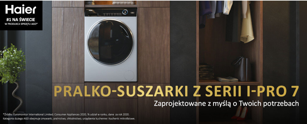 Obraz przedstawia pralko-suszarkę w zabudowie z widocznym bębnem. Na górze znajduje się logo \'Haier #1 NA ŚWIECIE W PRODUKCJI SPRZĘTU AGD\', a poniżej napis \'PRALKO-SUSZARKI Z SERII I-PRO 7 Zaprojektowane z myślą o Twoich potrzebach\'.