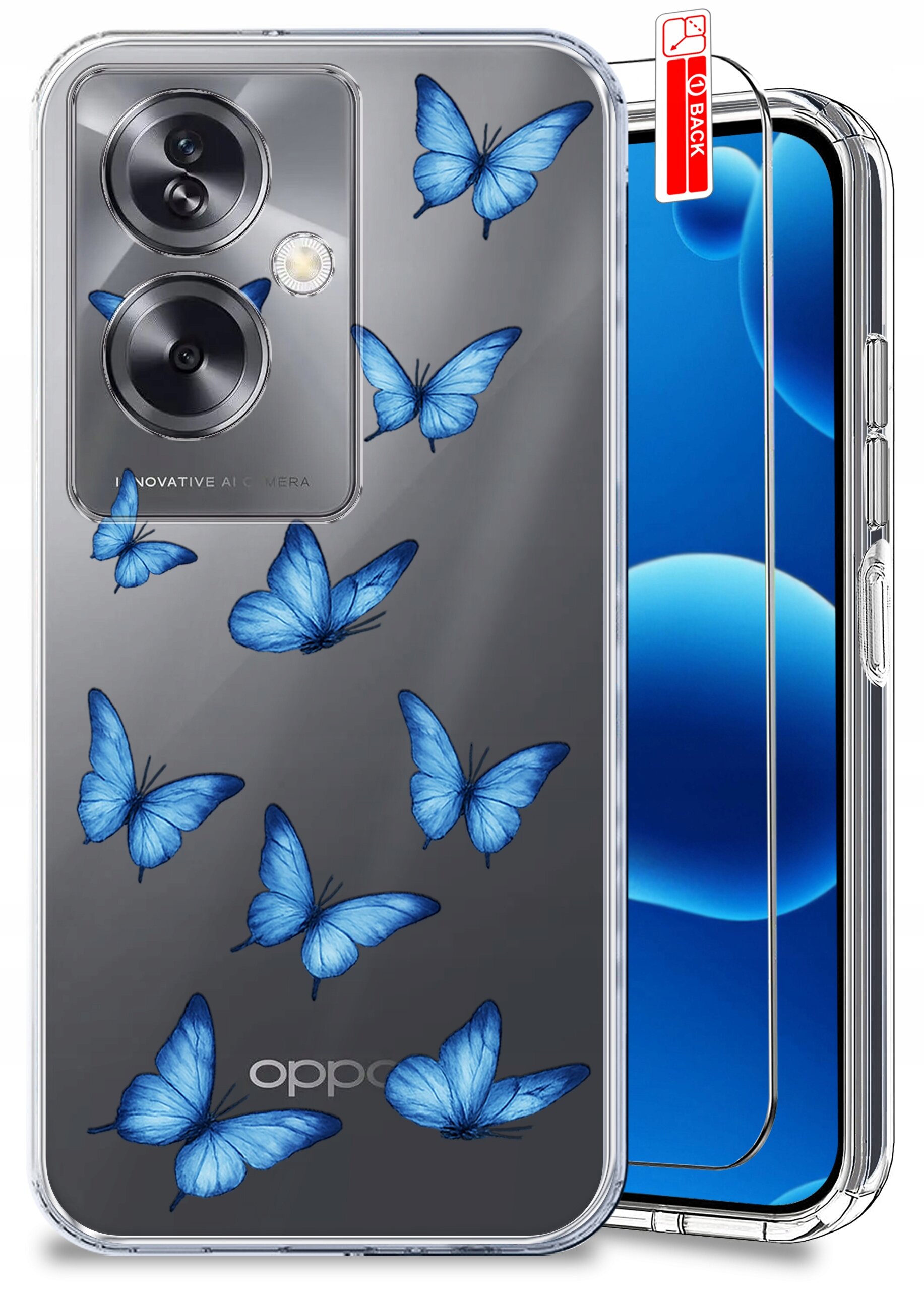 Etui na telefon z przezroczystego materiału ozdobione niebieskimi motylami, z widocznym napisem \'oppo\'. Obok znajduje się szkło ochronne z czerwoną naklejką \'BACK\'.
