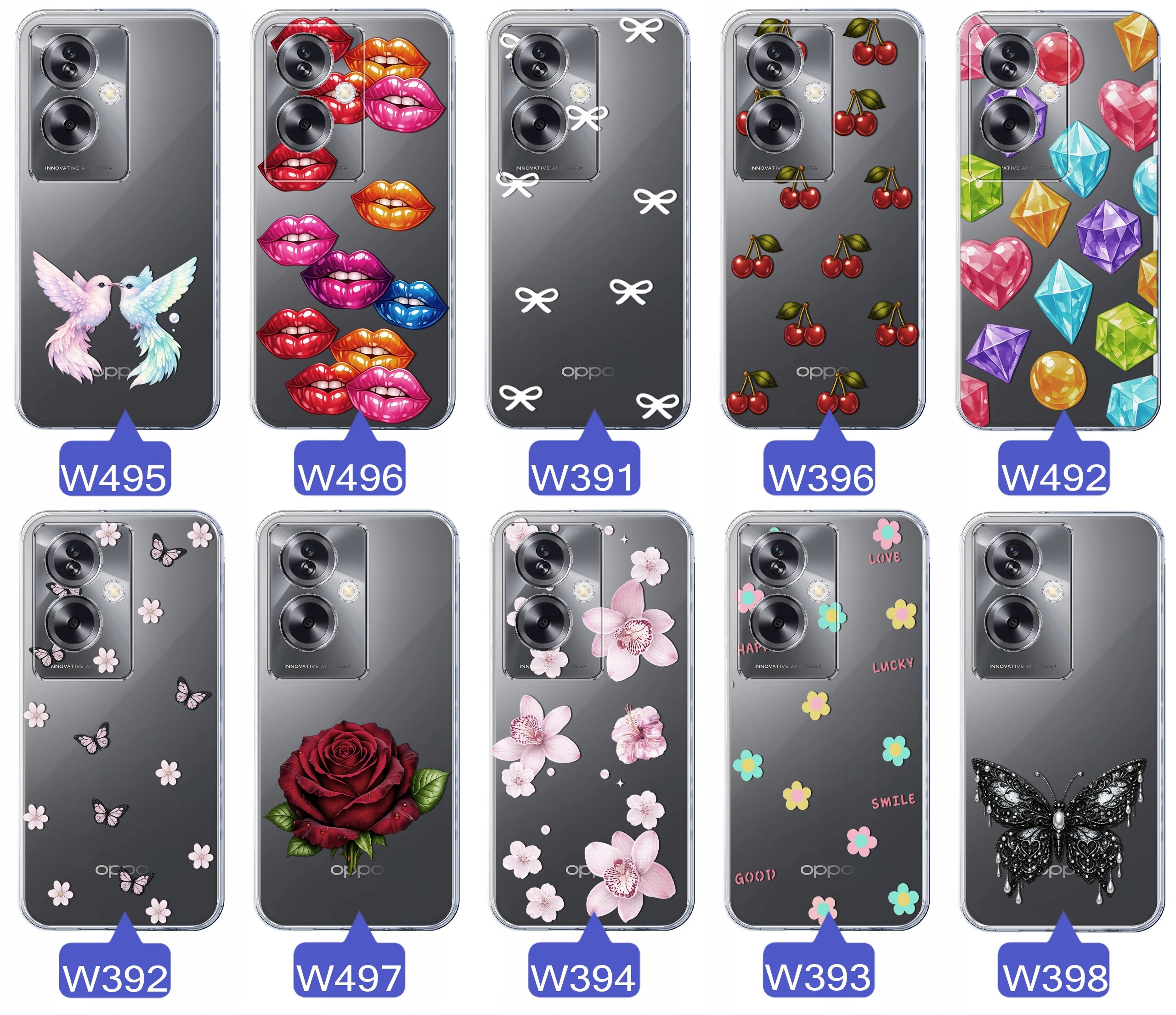 Dziewięć etui na telefon Oppo z różnymi wzorami, takimi jak gołębie, usta, kokardki, wiśnie, diamenty, motyle, róże, kwiaty i czarne motyle. Każde etui oznaczone jest kodem od W391 do W498.