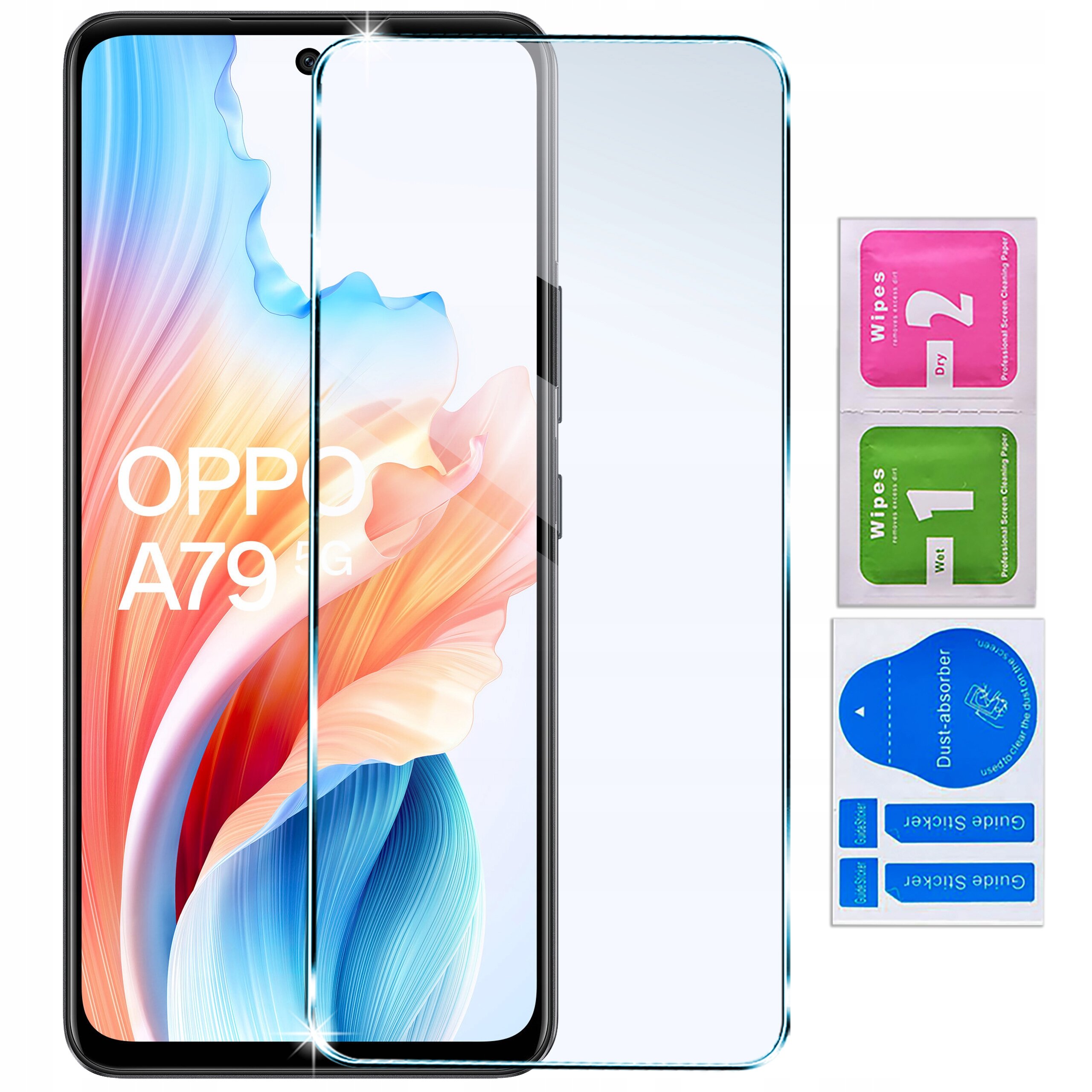 Obraz przedstawia telefon Oppo A79 5G z kolorowym tłem na ekranie, obok którego znajduje się przezroczyste szkło ochronne. Po prawej stronie widoczne są dwie saszetki z napisem \'Wipes 1 Wet\' i \'Wipes 2 Dry\' oraz niebieska naklejka \'Dust absorber\'.