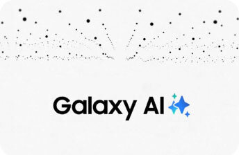 Na białym tle widoczny jest napis \'Galaxy AI\' z niebieską gwiazdką obok. W górnej części obrazu znajdują się czarne kropki rozchodzące się promieniście.