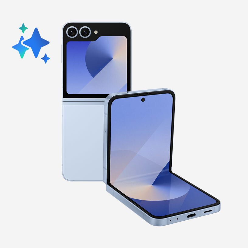 Na obrazie widoczny jest składany smartfon z dwoma ekranami, z czego jeden jest otwarty, a drugi zamknięty. Obok telefonu znajduje się niebieski symbol w kształcie gwiazdek.