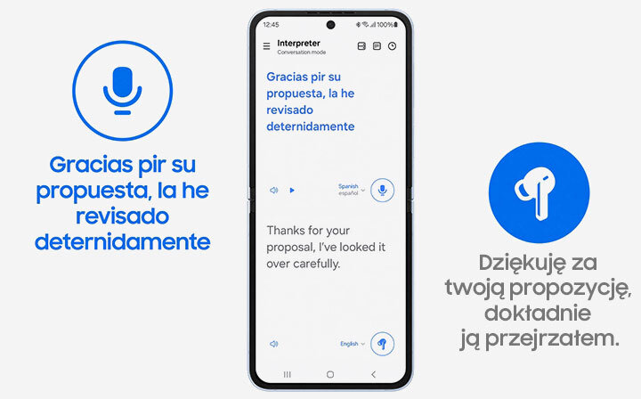 Obraz przedstawia smartfon z aplikacją tłumaczącą tekst \'Gracias por su propuesta, la he revisado detenidamente\' na \'Thanks for your proposal, I\'ve looked it over carefully\'. Po lewej stronie ikona mikrofonu z tekstem w języku hiszpańskim, po prawej ikona słuchawek z tekstem w języku polskim.