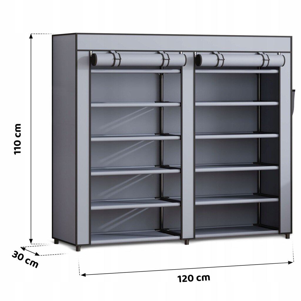 Obraz przedstawia materiałową szafę tekstylną z sześcioma półkami w dwóch kolumnach. Wymiary szafy to 110 cm wysokości, 120 cm szerokości i 30 cm głębokości.