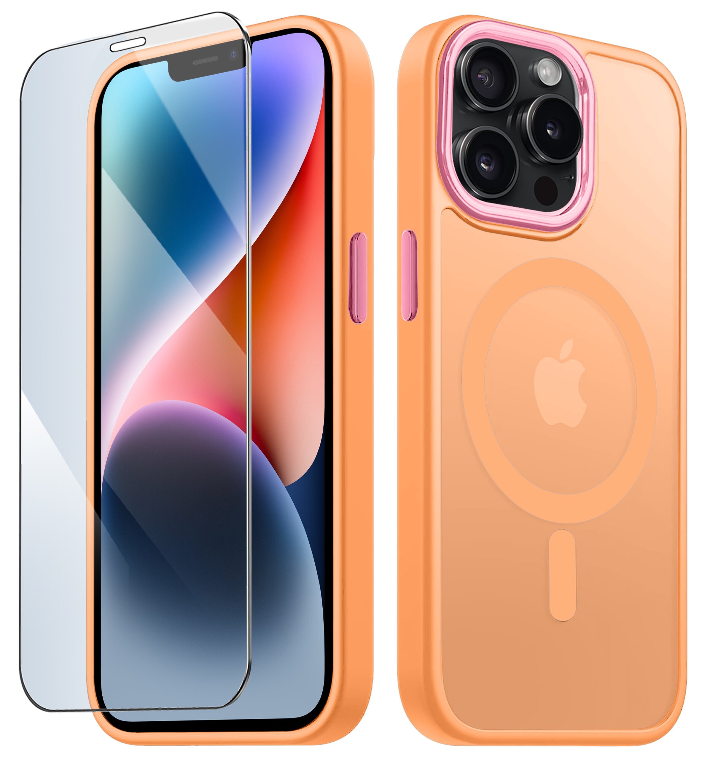 Obraz przedstawia pomarańczowe etui na telefon z widocznym logo w kształcie jabłka oraz szkło ochronne na ekran. Etui ma okrągły wzór sugerujący kompatybilność z MagSafe.