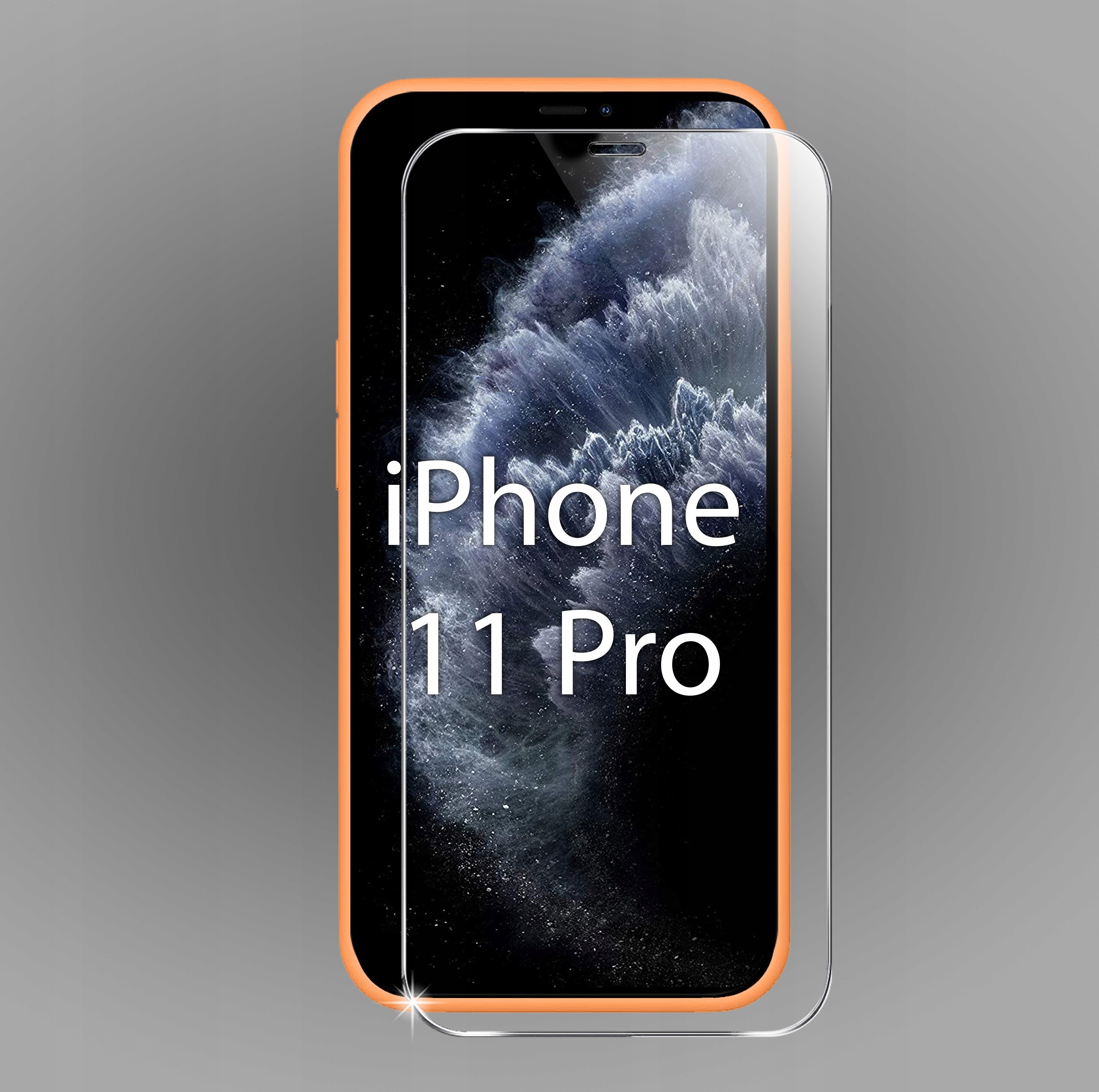 Etui do iPhone 11 Pro w kolorze pomarańczowym z nałożonym szkłem ochronnym na ekran, na którym widoczny jest napis \'iPhone 11 Pro\'.