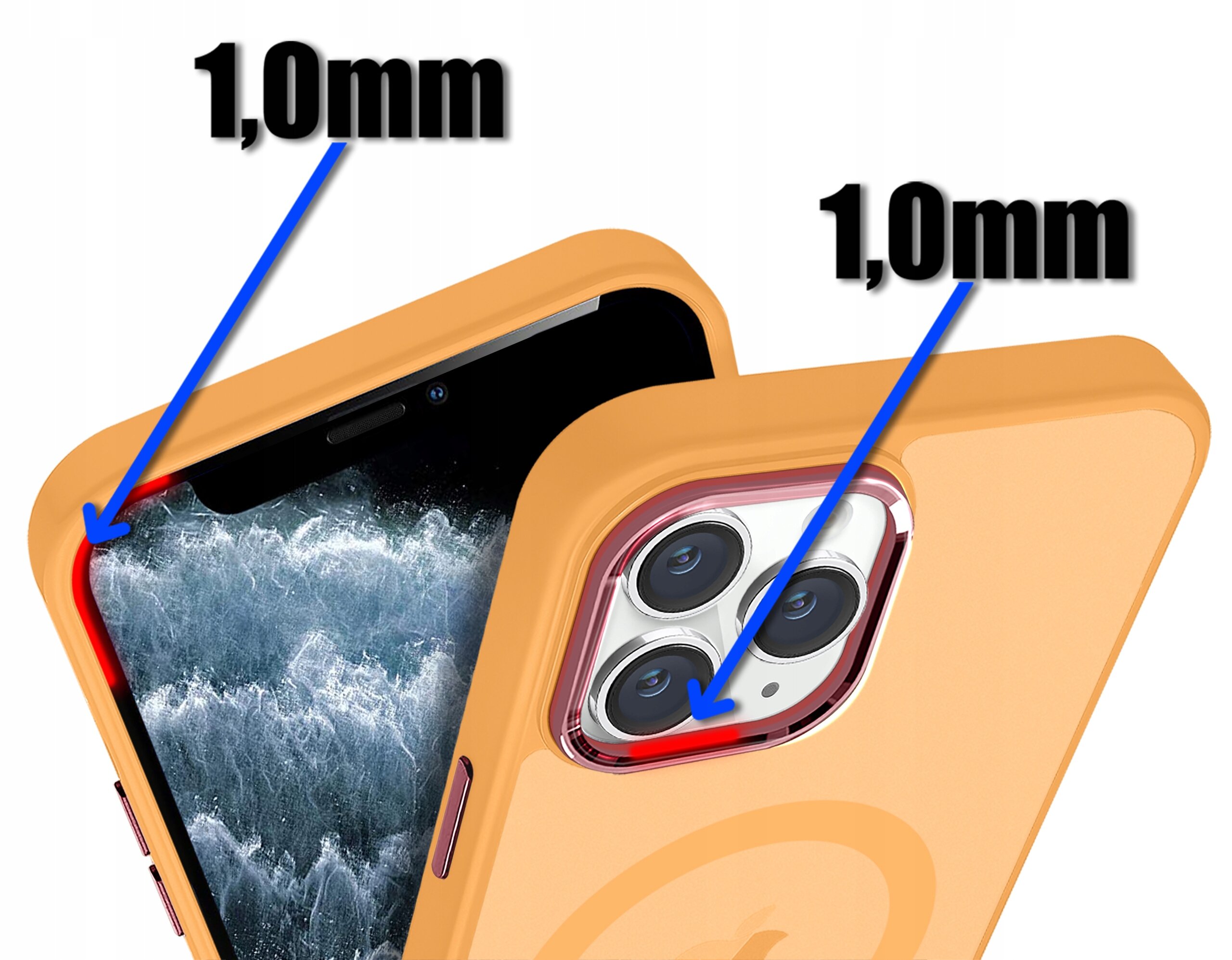 Obraz przedstawia pomarańczowe etui na telefon z widocznymi wycięciami na aparat i ekran. Na etui znajdują się oznaczenia \'1,0mm\' wskazujące na grubość krawędzi.