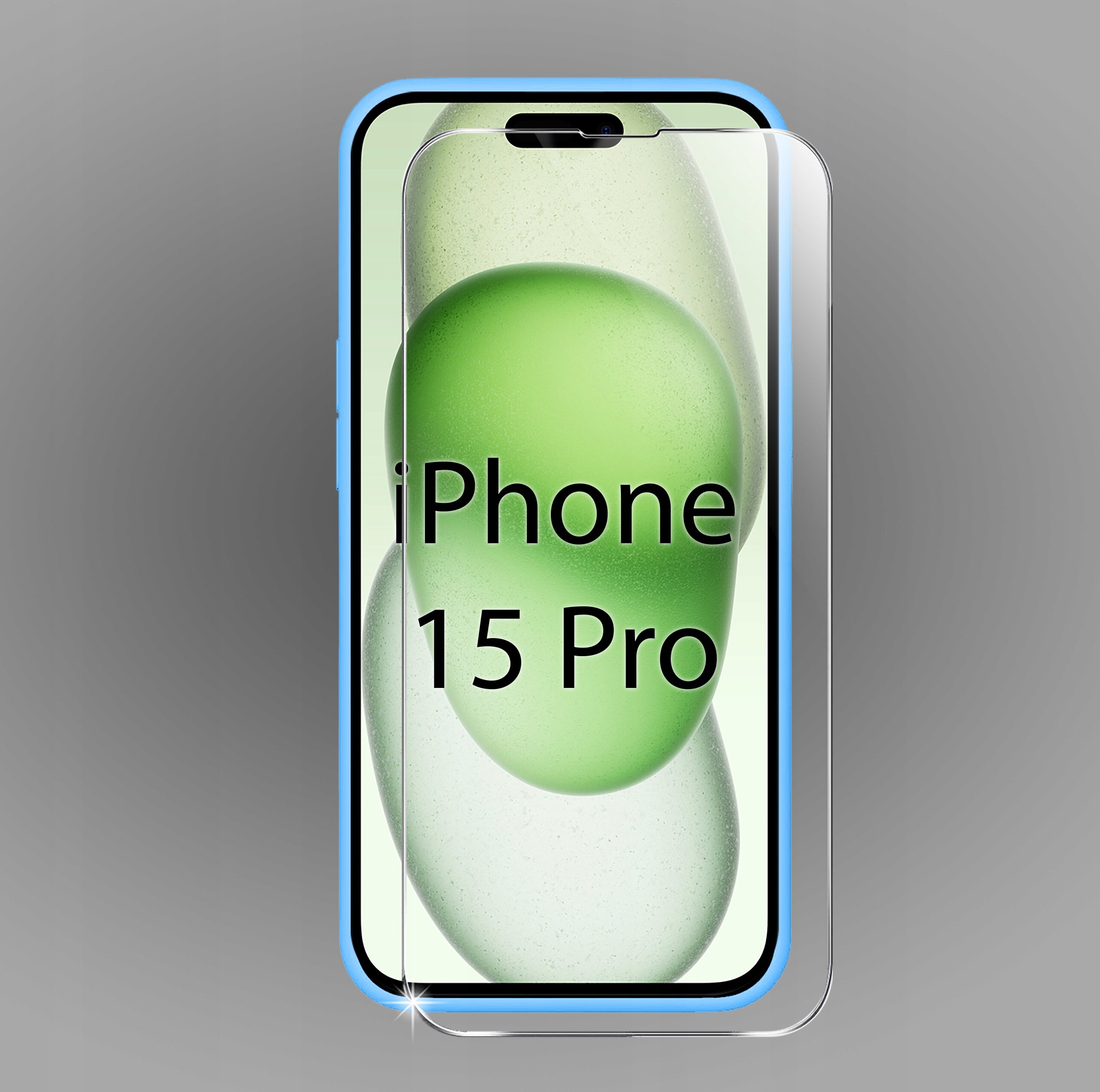 Obraz przedstawia telefon iPhone 15 Pro z nałożonym szkłem ochronnym. Na ekranie widoczny jest napis \'iPhone 15 Pro\' na tle zielonych kształtów.