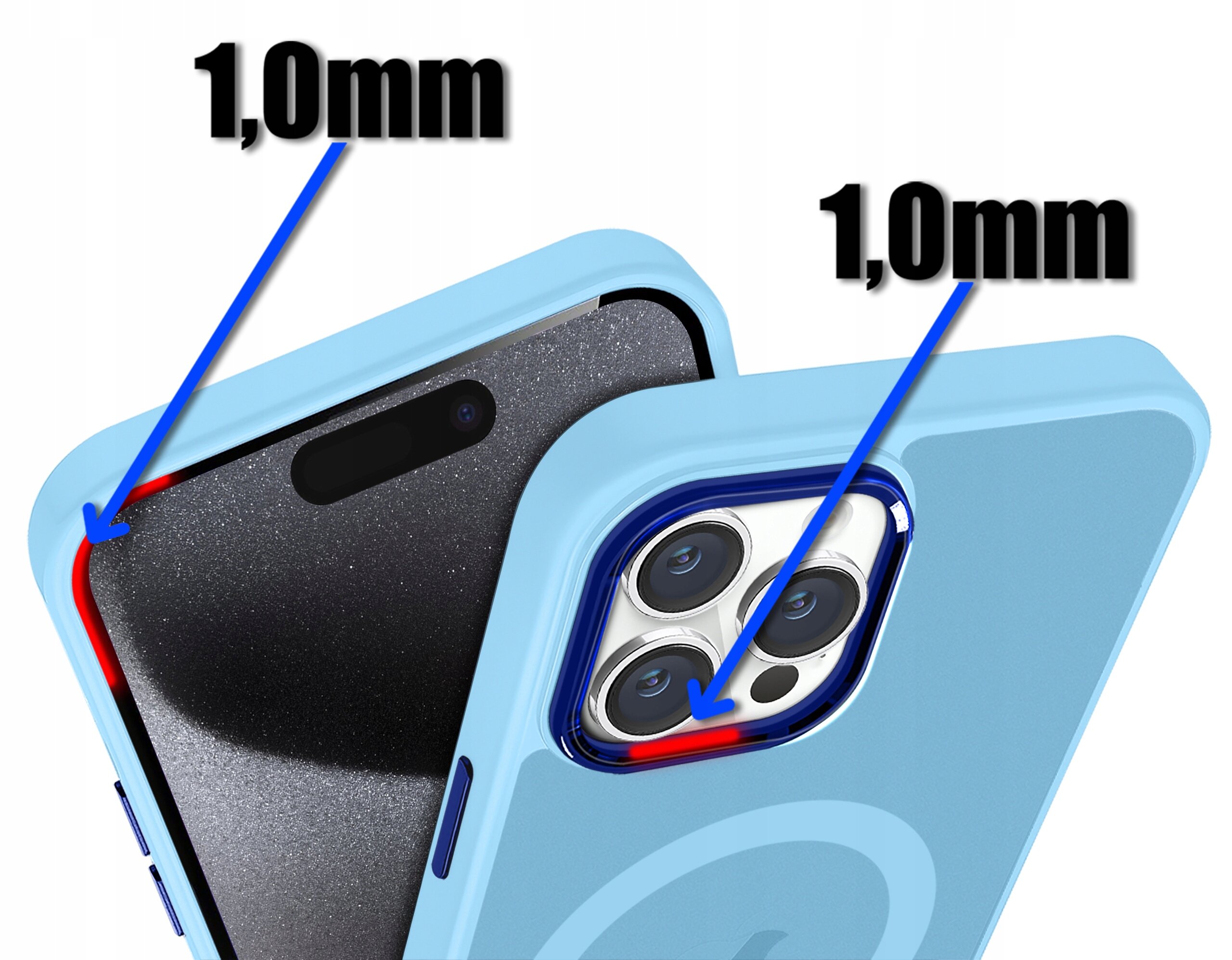 Na zdjęciu widoczne jest niebieskie etui na telefon z oznaczeniami \'1,0mm\' wskazującymi na grubość krawędzi wokół aparatu i ekranu. Etui jest przeznaczone do iPhone 15 Pro Max i posiada wycięcia na aparat oraz przyciski.