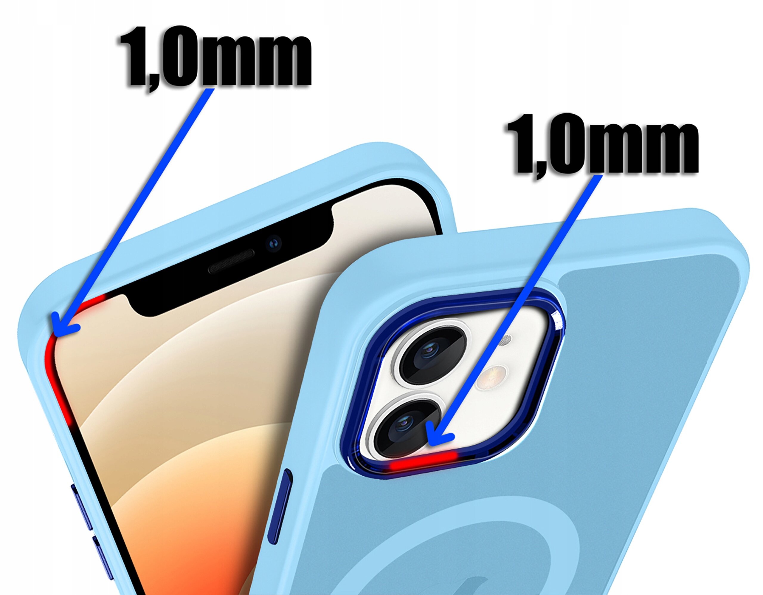 Obraz przedstawia niebieskie etui na telefon z widocznymi wycięciami na aparat i ekran, z zaznaczoną grubością 1,0 mm. Na etui znajduje się symbol okręgu, a na zdjęciu widoczny jest również tekst \'1,0mm\'.